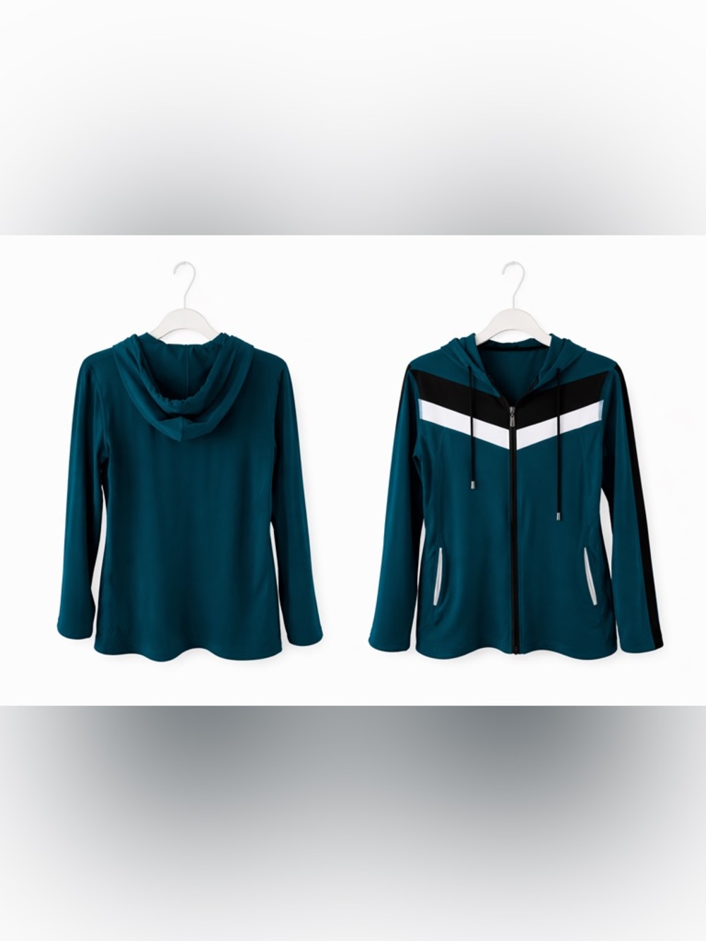 Teal Zip-Up Hooded Jacket with Chevron Detail